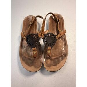 UGG Women's Tan Leather Thong Sandals With Decorative UGG Embellishment Size 7